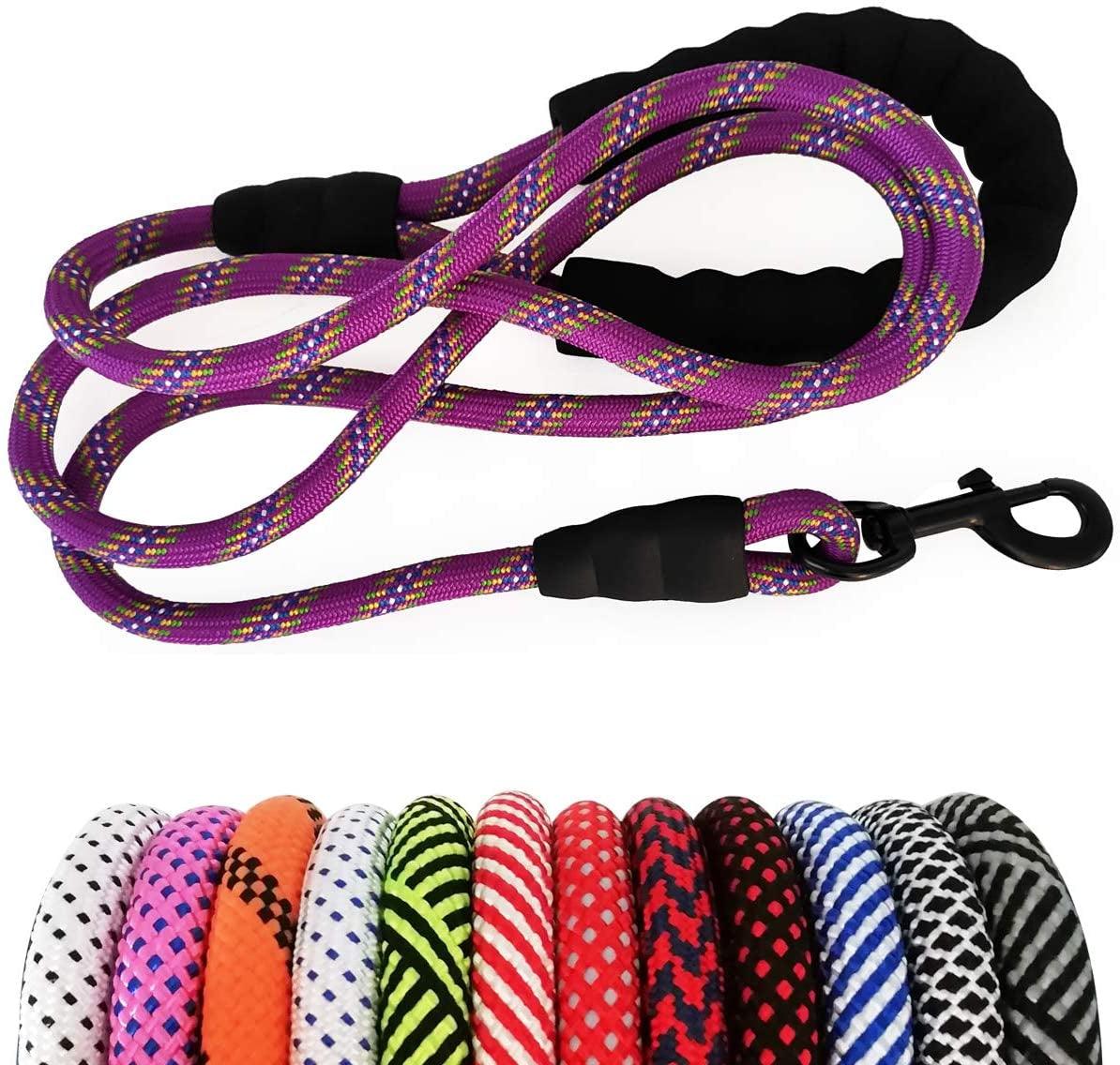 Heavy Duty Rope Dog Leash, 3/4/5/6/7/8/10/12/15 FT Nylon Pet Training Leash, Soft Padded Handle Thick Lead Leash for Large Medium Dogs (1/2" 6', Purple)