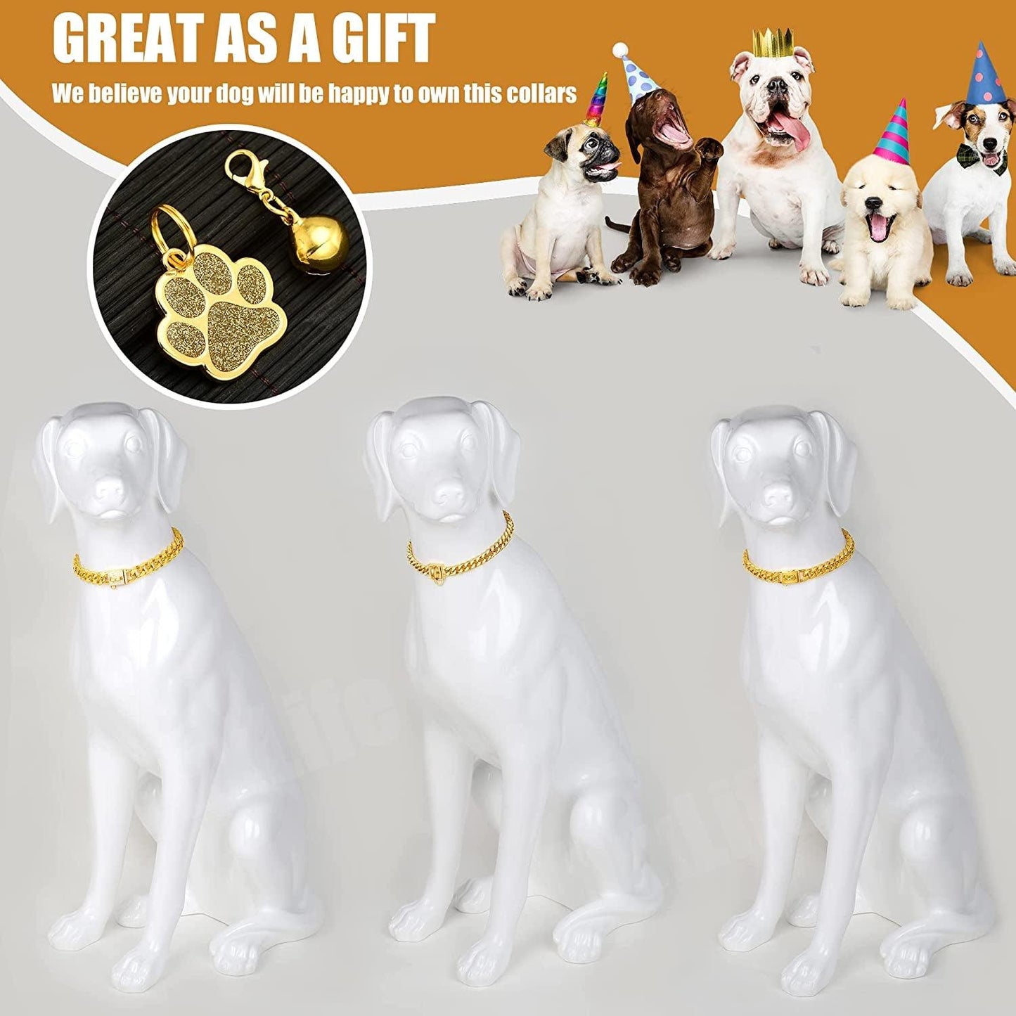 Dog Chain Collar Designer Luxury Dog Collar Gold with CZ Buckle 19Mm Cuban Link Dog Chain Metal Dog Collars for Puppy Small Medium Large Dogs with Dog Tag & Bell(18")