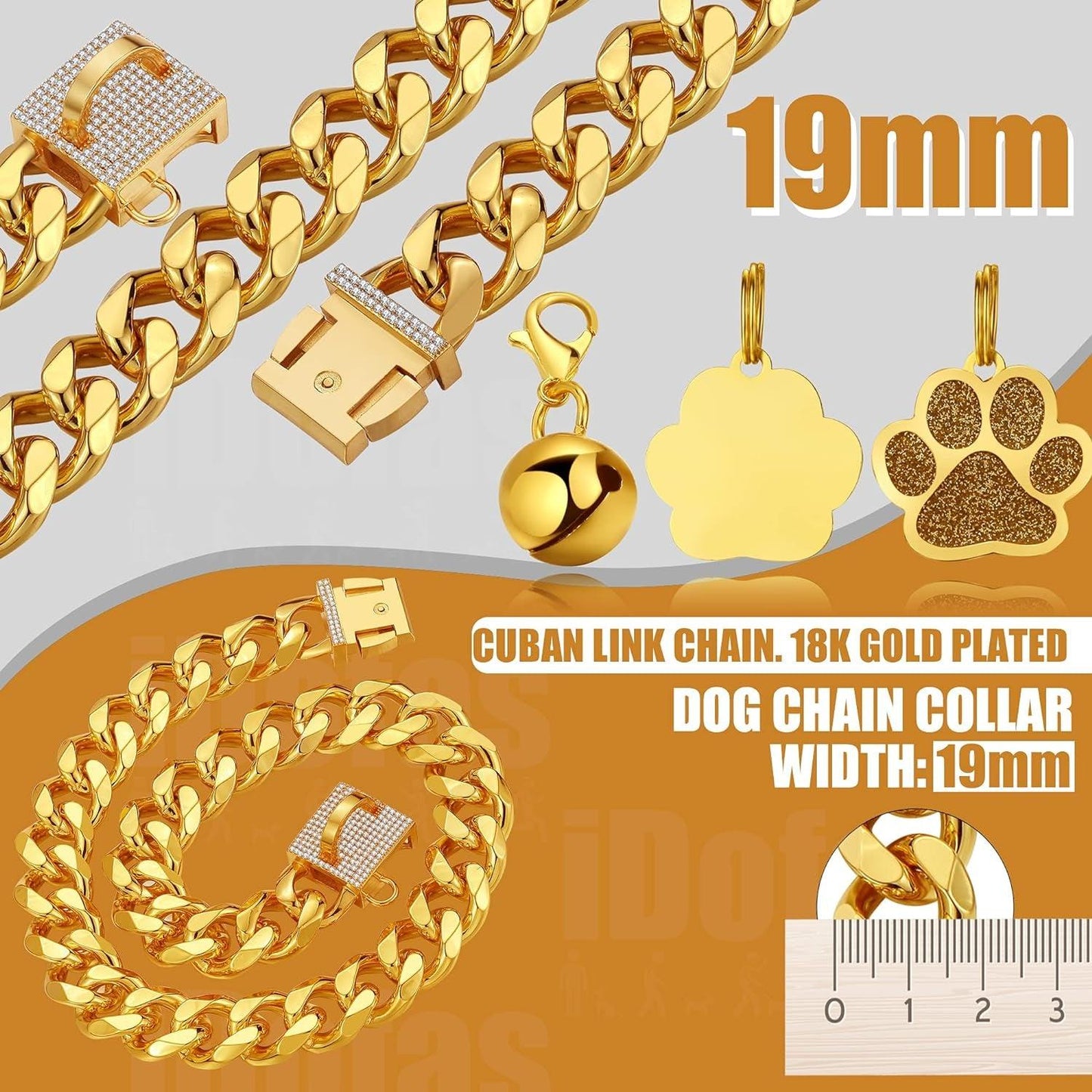 Dog Chain Collar Designer Luxury Dog Collar Gold with CZ Buckle 19Mm Cuban Link Dog Chain Metal Dog Collars for Puppy Small Medium Large Dogs with Dog Tag & Bell(18")
