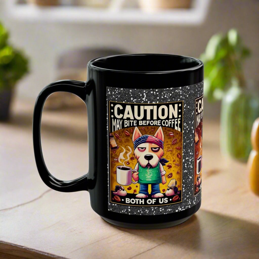 Caution: May Bite Before Coffee Black Mug ☕🐾 (11oz, 15oz)