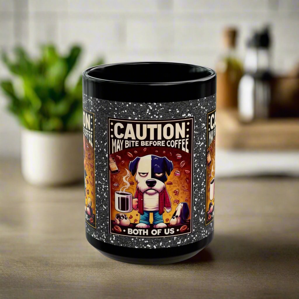 Caution: May Bite Before Coffee Black Mug ☕🐾 (11oz, 15oz)