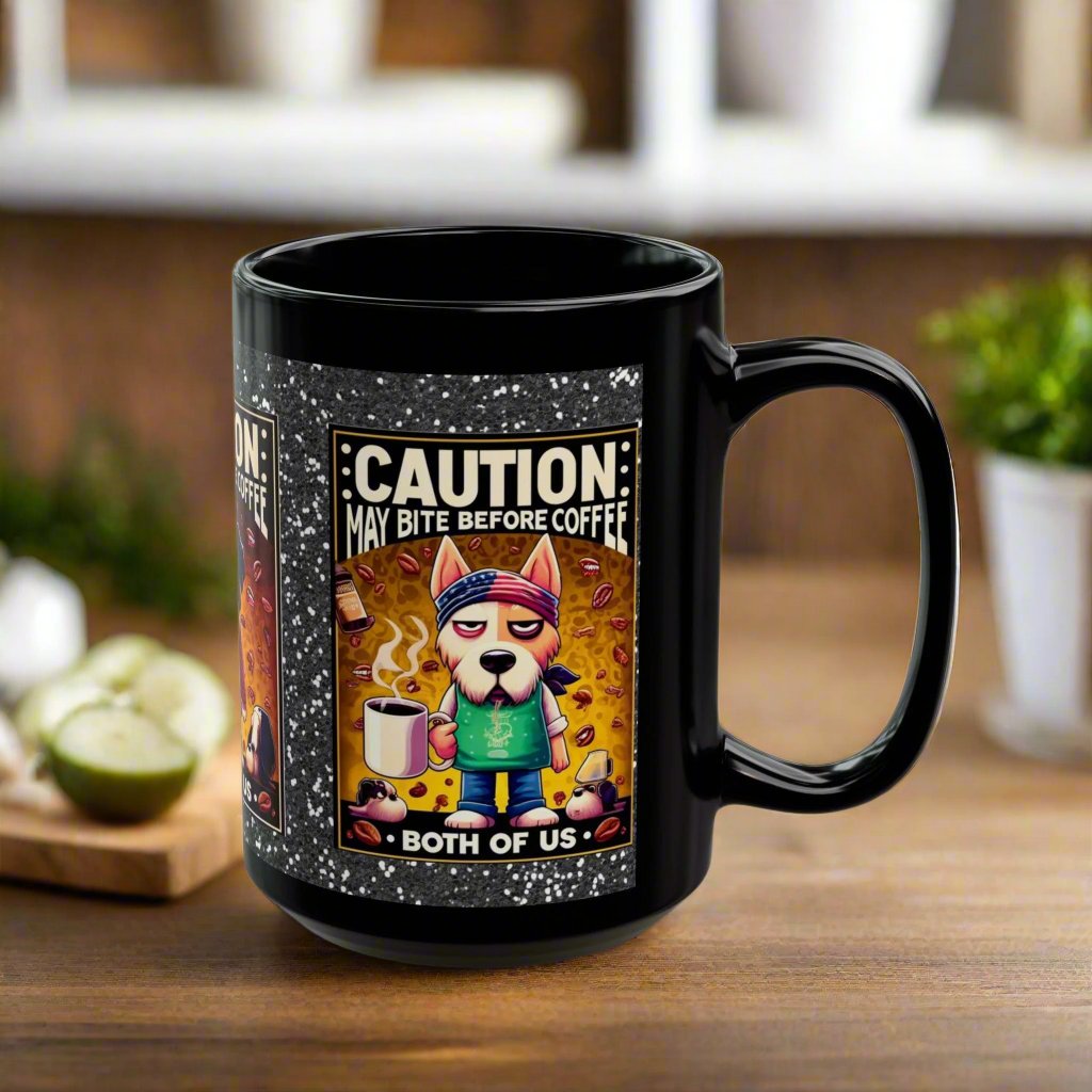 Caution: May Bite Before Coffee Black Mug ☕🐾 (11oz, 15oz)