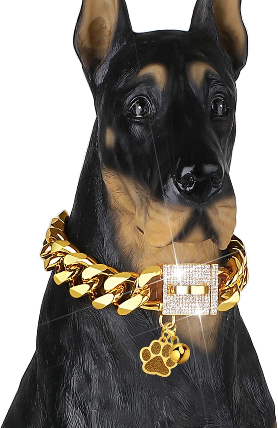 Dog Chain Collar Designer Luxury Dog Collar Gold with CZ Buckle 19Mm Cuban Link Dog Chain Metal Dog Collars for Puppy Small Medium Large Dogs with Dog Tag & Bell(18")