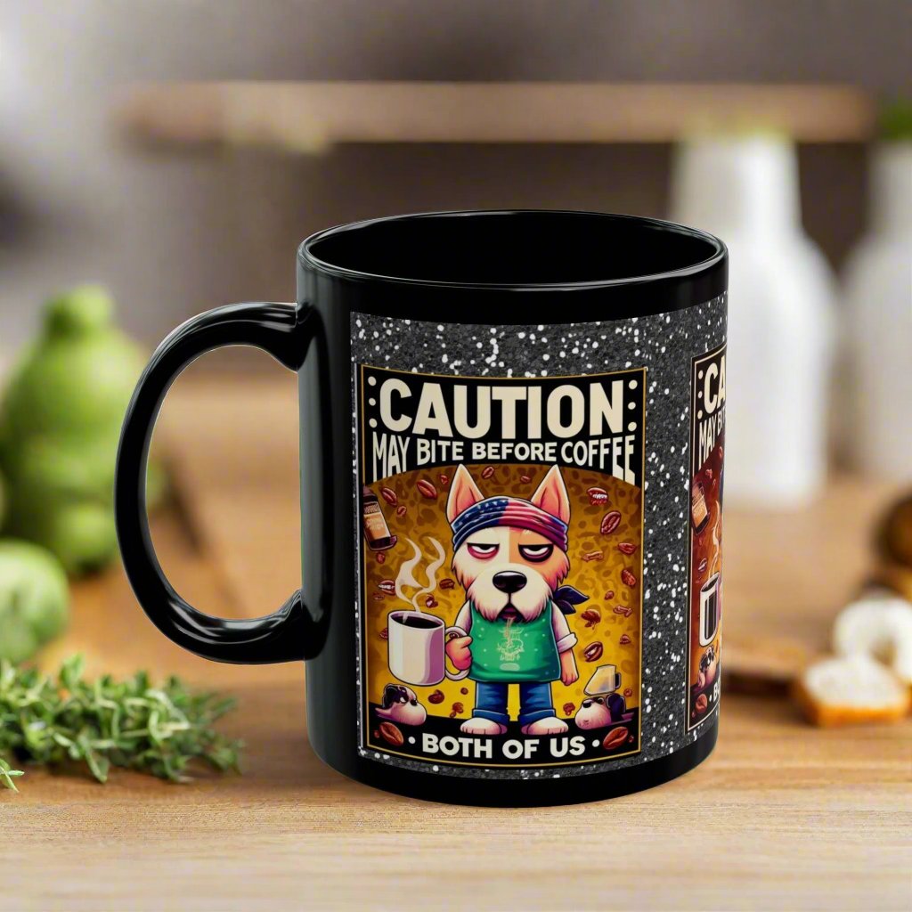 Caution: May Bite Before Coffee Black Mug ☕🐾 (11oz, 15oz)
