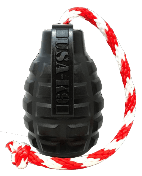 USA-K9 Grenade Durable Rubber Chew Toy, Treat Dispenser, Reward Toy, Tug Toy, and Retrieving Toy