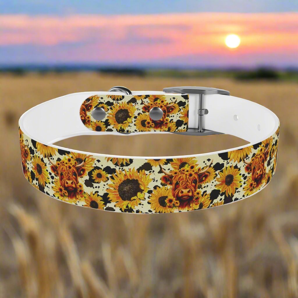 Sunshine Moo: Fluffy Cow and Sunflower Dog Collar