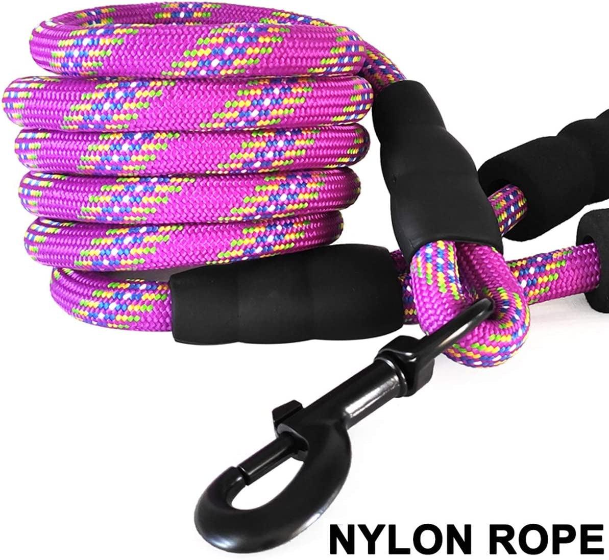 Heavy Duty Rope Dog Leash, 3/4/5/6/7/8/10/12/15 FT Nylon Pet Training Leash, Soft Padded Handle Thick Lead Leash for Large Medium Dogs (1/2" 6', Purple)