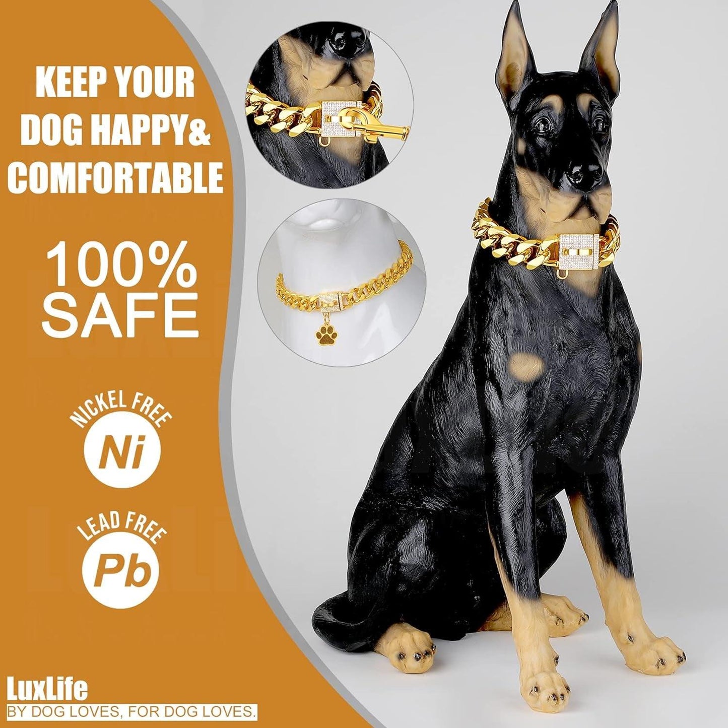 Dog Chain Collar Designer Luxury Dog Collar Gold with CZ Buckle 19Mm Cuban Link Dog Chain Metal Dog Collars for Puppy Small Medium Large Dogs with Dog Tag & Bell(18")
