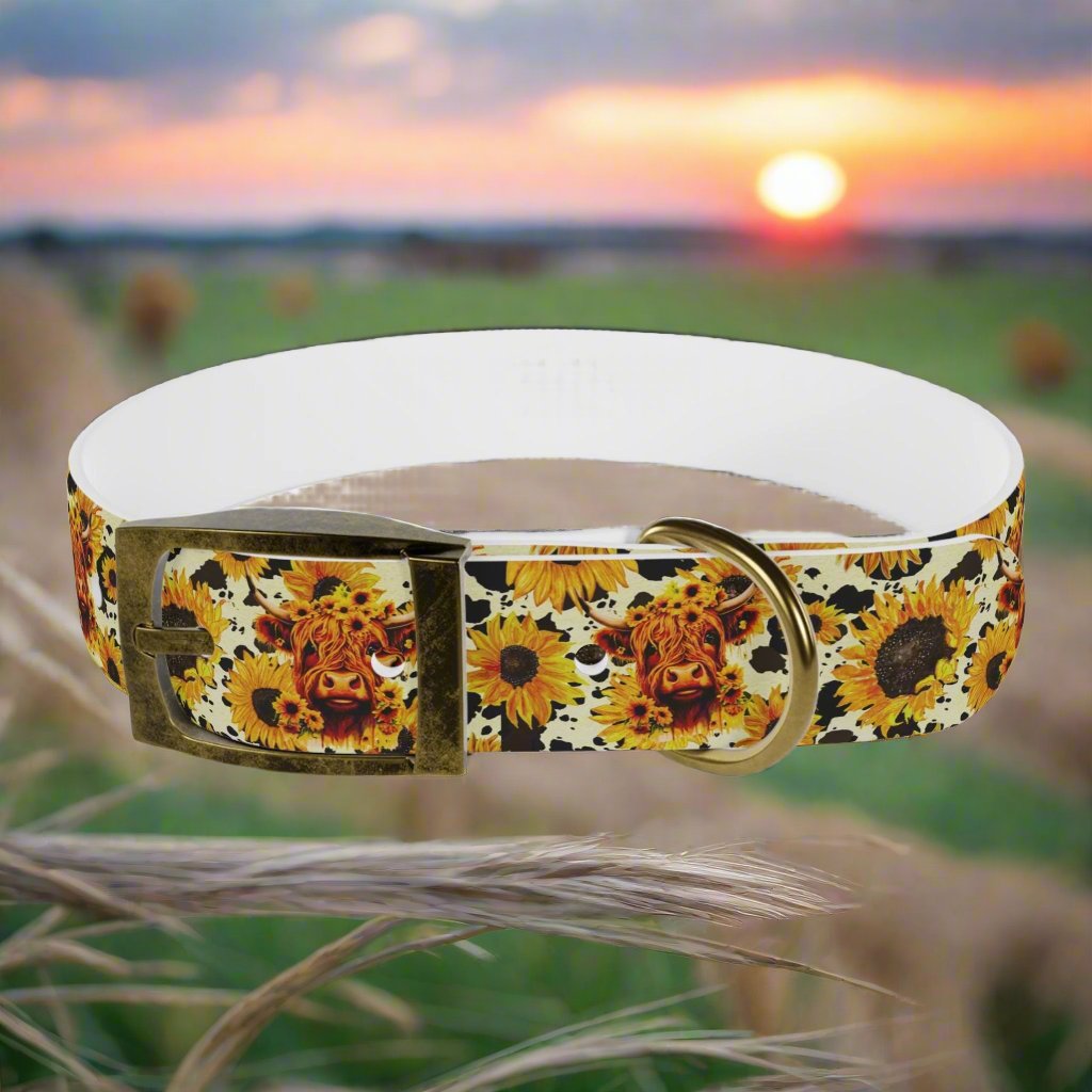 Sunshine Moo: Fluffy Cow and Sunflower Dog Collar