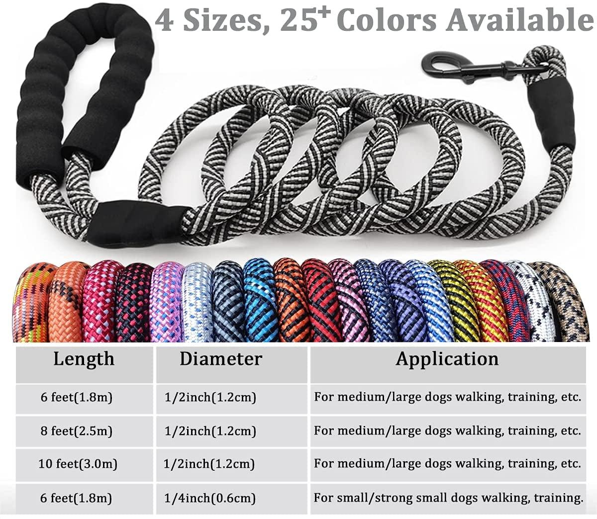 Heavy Duty Rope Dog Leash, 3/4/5/6/7/8/10/12/15 FT Nylon Pet Training Leash, Soft Padded Handle Thick Lead Leash for Large Medium Dogs (1/2" 6', Purple)