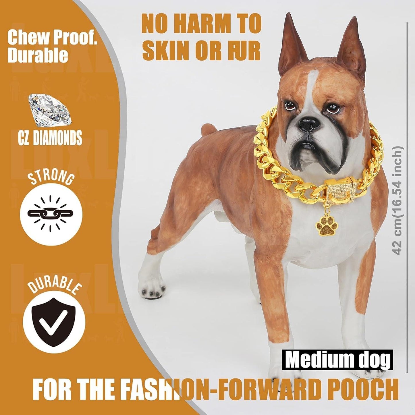 Dog Chain Collar Designer Luxury Dog Collar Gold with CZ Buckle 19Mm Cuban Link Dog Chain Metal Dog Collars for Puppy Small Medium Large Dogs with Dog Tag & Bell(18")
