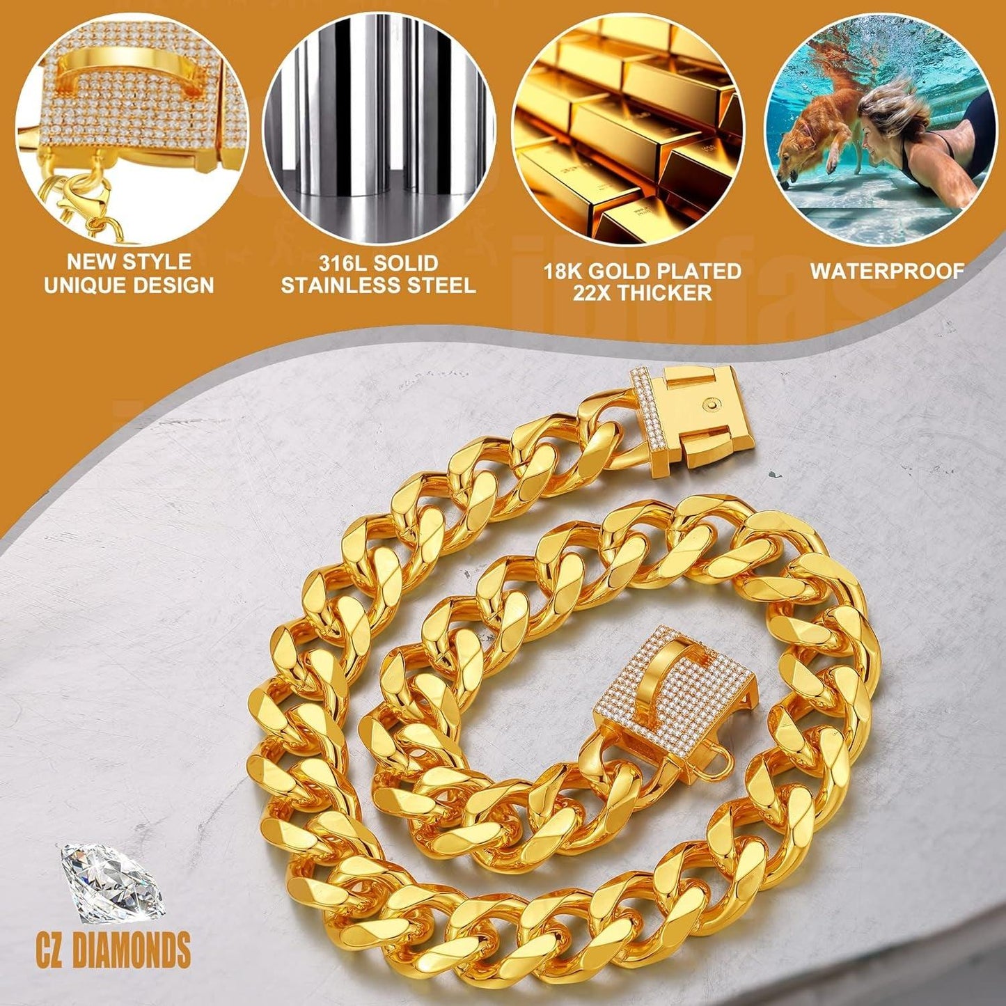 Dog Chain Collar Designer Luxury Dog Collar Gold with CZ Buckle 19Mm Cuban Link Dog Chain Metal Dog Collars for Puppy Small Medium Large Dogs with Dog Tag & Bell(18")